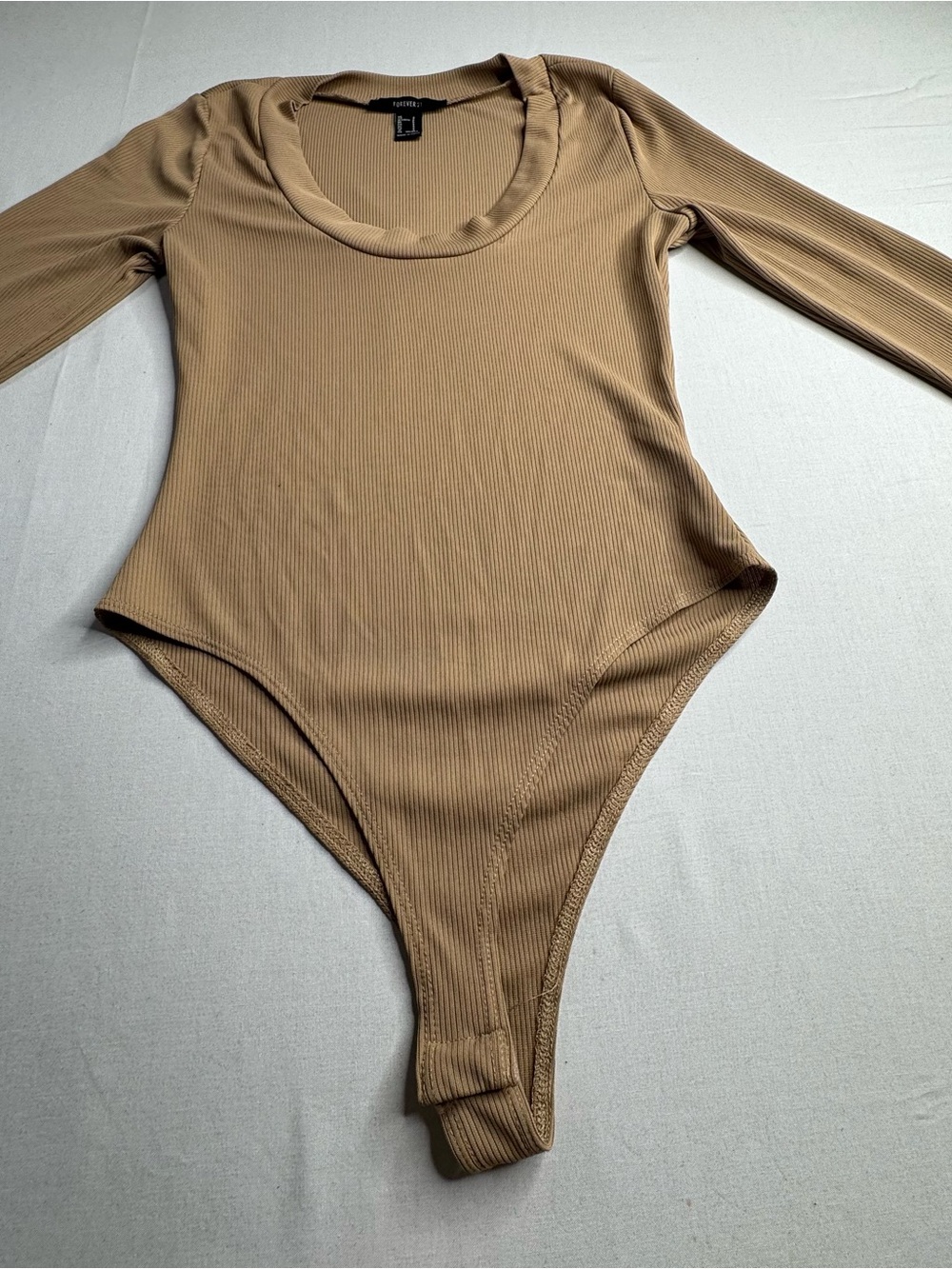 Forever 21 Ribbed Long Sleeve Bodysuit in Beige
